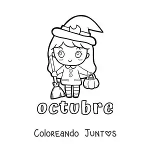 Imagen para colorear de octubre con una niña animada disfrazada de bruja de halloween