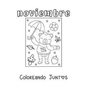 Imagen para colorear de noviembre con un oso animado con un abrigo de otoño