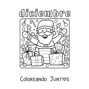 Imagen para colorear de diciembre con santa claus animado con regalos