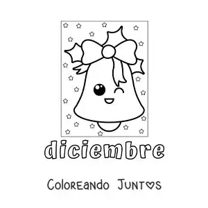 Imagen para colorear de diciembre con una campana navideña animada kawaii