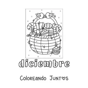 Imagen para colorear de diciembre con una canasta de regalo de navidad