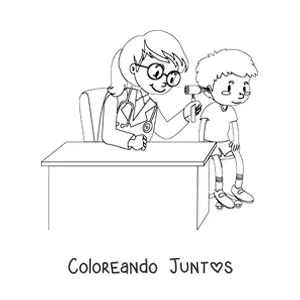 Imagen para colorear de una médico pediatra revisando el oído de un niño en el consultorio