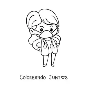Imagen para colorear de una doctora kawaii con mascarilla y estetoscopio