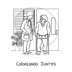 Imagen para colorear de una médico hablando con un paciente mayor en un consultorio