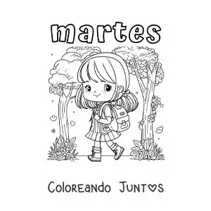 Imagen para colorear del día martes con una niña camino a clases