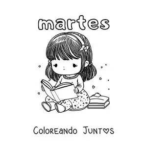Imagen para colorear del día martes con una niña leyendo un libro