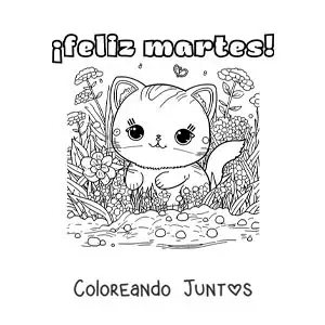 Imagen para colorear de feliz martes con un gato tierno con flores