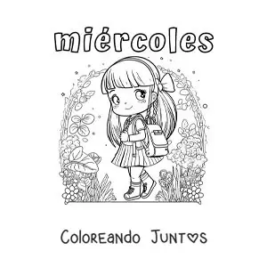 Imagen para colorear del día miércoles con una niña caminando a la escuela