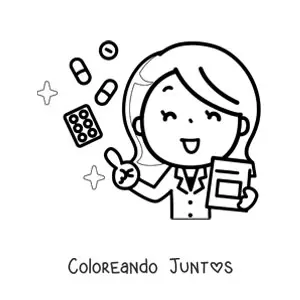 Imagen para colorear de una doctora kawaii recetando un tratamiento