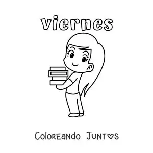 Imagen para colorear del día viernes con una niña cargando libros de texto