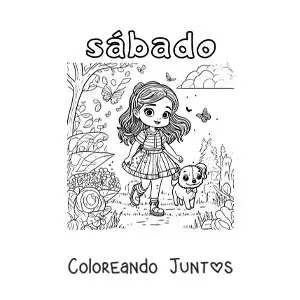 Imagen para colorear del día sábado con una niña paseando a su perro en el parque