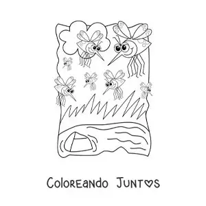 Imagen para colorear de un zancudo animados cerca de un cuerpo de agua