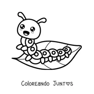 Imagen para colorear de una oruga kawaii en una hoja
