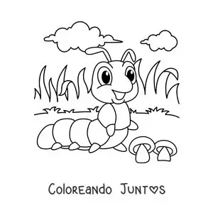 Imagen para colorear de una oruga animada en el jardín