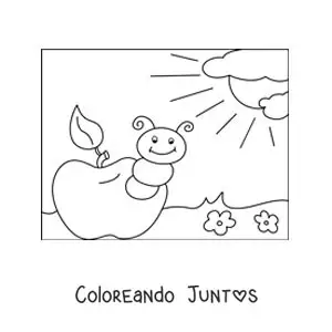 Imagen para colorear de una oruga animada en una manzana