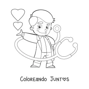 Imagen para colorear de un doctor animado con estetoscopio rodeado de corazones