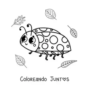 Imagen para colorear de una mariquita kawaii con hojas
