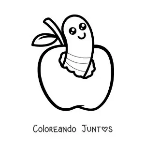 Imagen para colorear de un gusanito kawaii en una manzana