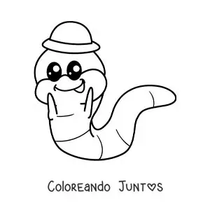 Imagen para colorear de lombriz graciosa kawaii con un sombrero
