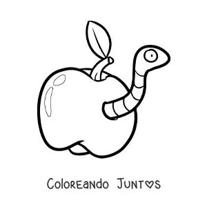 Imagen para colorear de gusano gracioso animado en una manzana