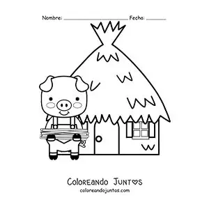 Imagen para colorear de uno de los tres cerditos con su casa de paja