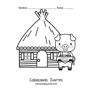 Imagen para colorear de uno de los tres cerditos con su casa de madera