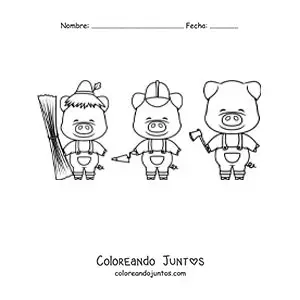 Imagen para colorear de los tres chanchitos construyendo sus casas