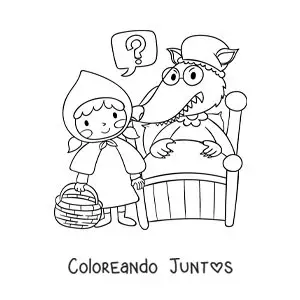 Imagen para colorear de Caperucita Roja animada con el lobo disfrazado de abuela