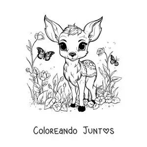 Imagen para colorear de Bambi kawaii con mariposas