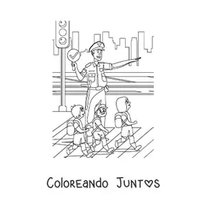 Imagen para colorear de un policía de tránsito ayudando a niños a cruzar la calle