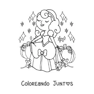 Imagen para colorear de Cenicienta con su vestido junto al carruaje y los ratoncitos