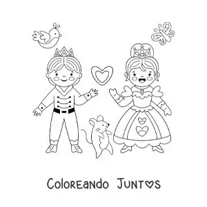 Imagen para colorear de Cenicienta kawaii con el príncipe y un ratón animado