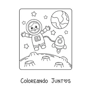Imagen para colorear de un astronauta animado con un cohete en la Luna