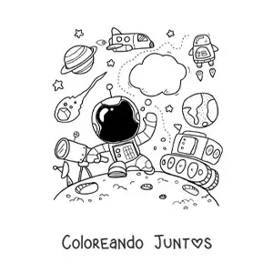 Imagen para colorear de un astronauta animado rodeado de planetas