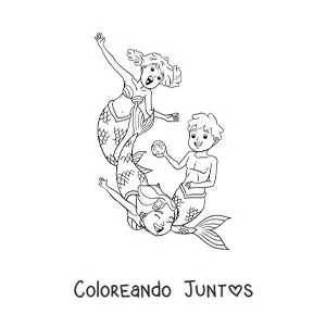 Imagen para colorear de dos sirenas y un tritón jugando