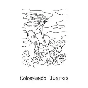 Imagen para colorear de pareja de un tritón y una sirena nadando en el mar