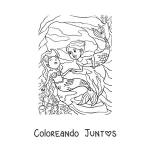 Imagen para colorear de una sirena y un tritón en el mar