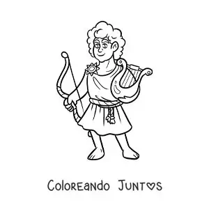 Imagen para colorear del dios griego Apolo animado con su arpa y arco