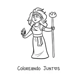 Imagen para colorear de la diosa Hera animada con una pluma de pavo real