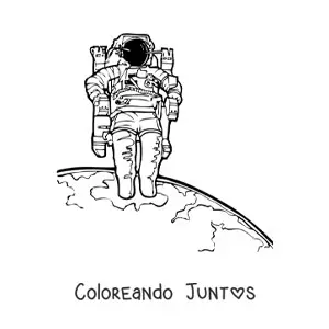 Imagen para colorear de un astronauta en traje espacial realista flotando sobre la Tierra