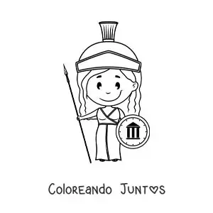 Imagen para colorear de Atenea y su lanza en un estilo kawaii animado