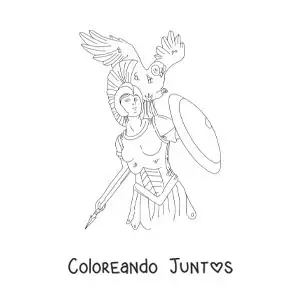 Imagen para colorear de la diosa Atenea con su búho y escudo en un estilo realista