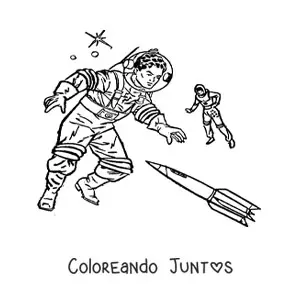 Imagen para colorear de dos astronautas flotando en el espacio