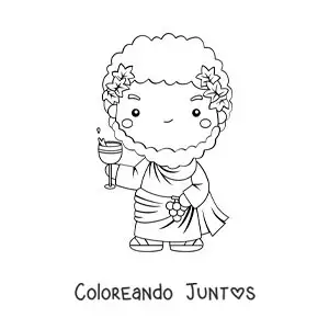 Imagen para colorear del dios del vino Dionisio animado kawaii tomando vino