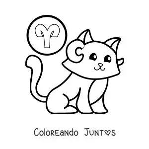 Imagen para colorear de gato animado del signo aries con su símbolo