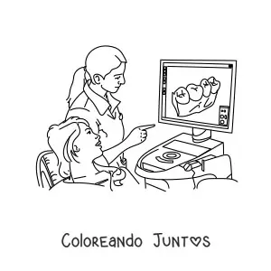 Imagen para colorear de una dentista mostrándole a un paciente sus dientes en una pantalla