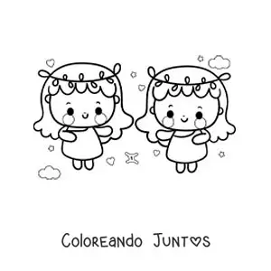 Imagen para colorear de gemelas del signo géminis kawaii con su símbolo