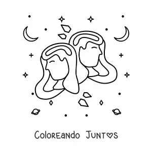 Imagen para colorear de chicas del signo géminis con estrellas y astros