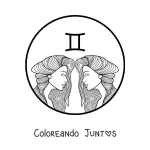 Imagen para colorear del rostro de dos hermosas chicas del signo géminis con su símbolo