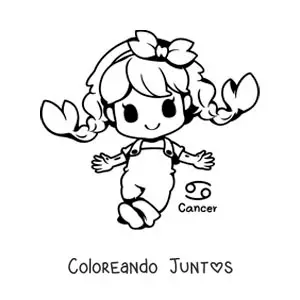 Imagen para colorear de chica del signo cáncer animada kawaii con su símbolo